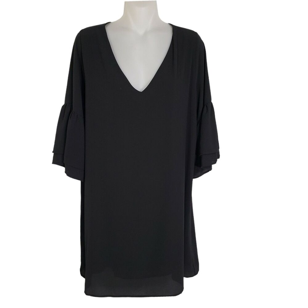 Tyche Womens Mini Dress Sz Large Black A-Line V Neck Tiered Bell Sleeves Lined